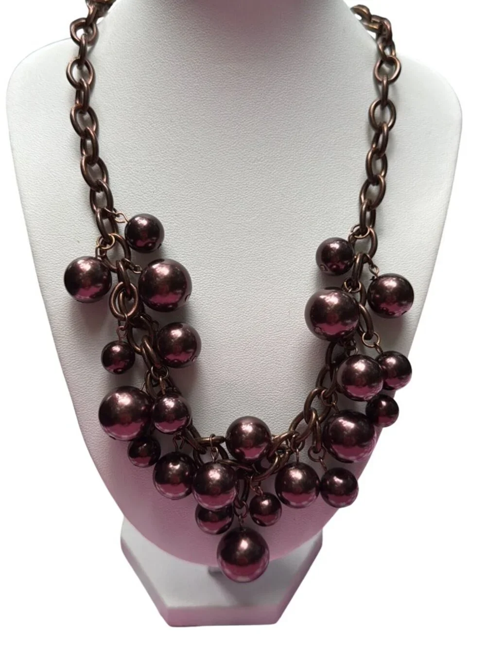 Bronze Tone Brown Bauble Bead Necklace Statement Bib Chain Link Adj 20